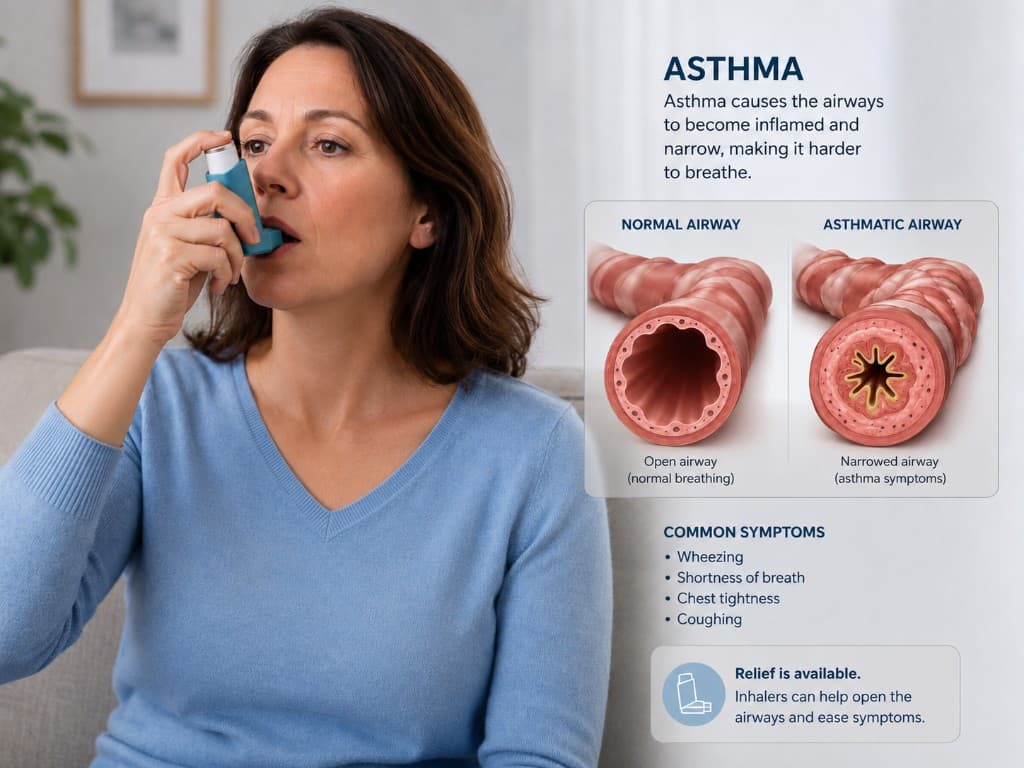 Educational infographic about asthma: woman using a rescue inhaler, diagrams comparing a normal airway to a narrowed asthmatic airway, and a list of common symptoms
