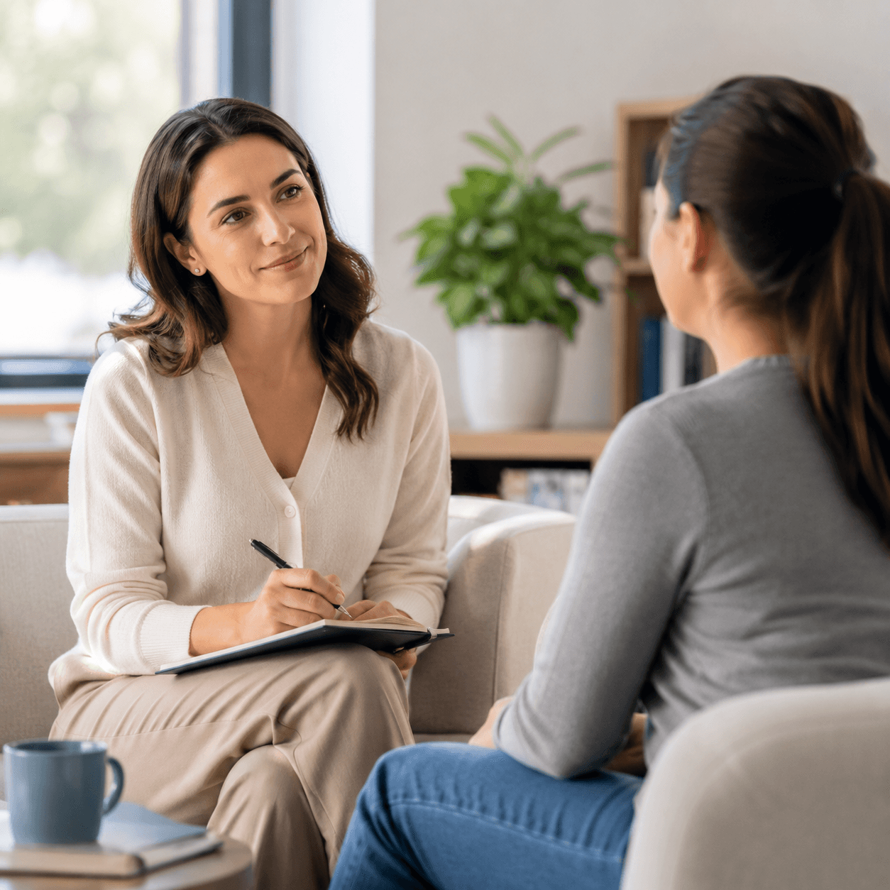 Counselor taking notes while speaking with a patient during a behavioral health visit