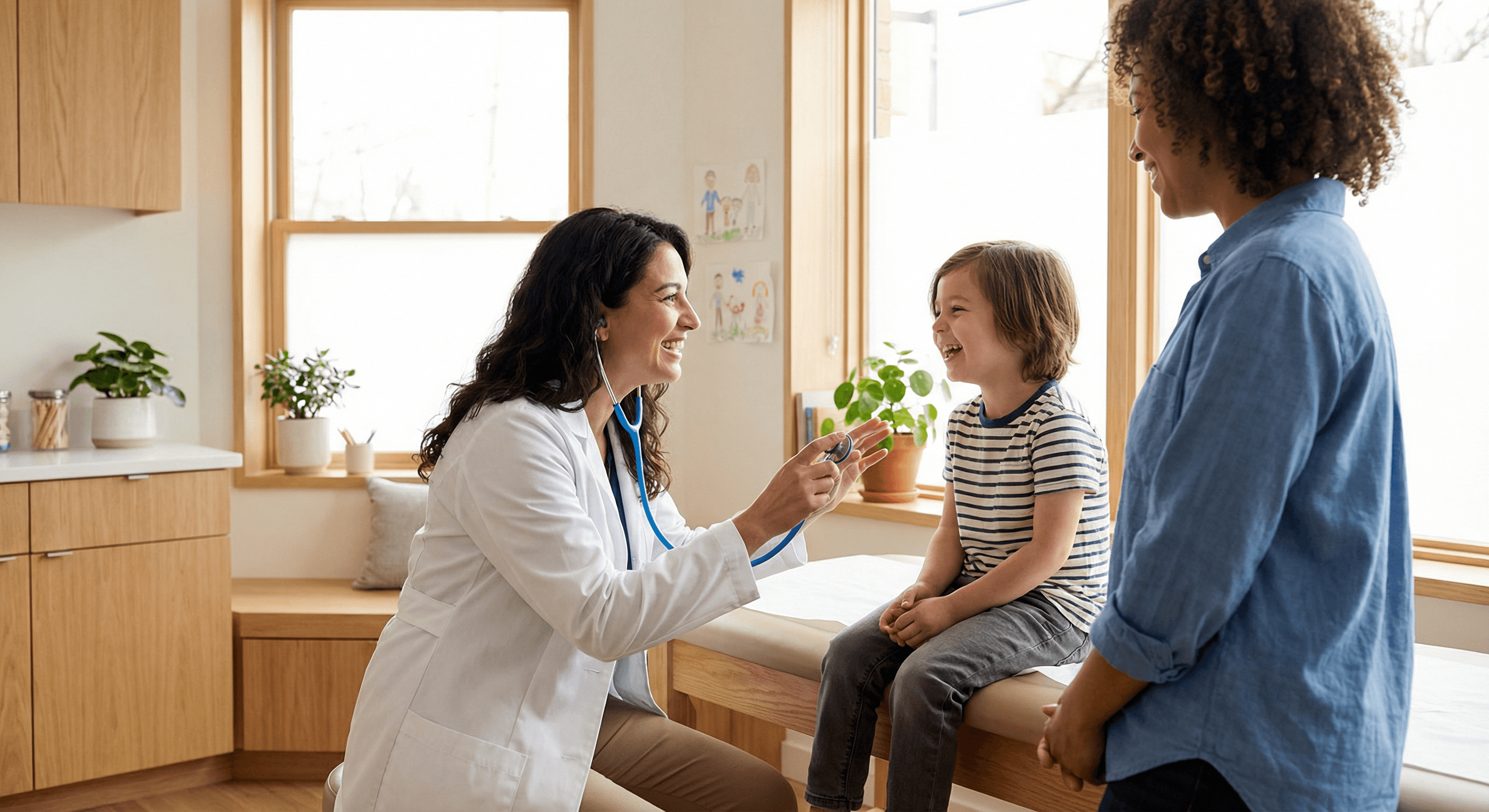 Middle-aged pediatrician with child and parent