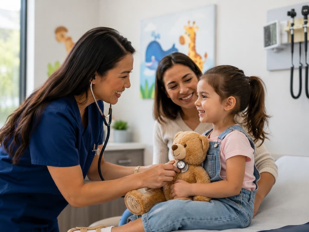 Pediatrician using a stethoscope on a child's teddy bear while the child smiles; parent seated nearby in a bright exam room