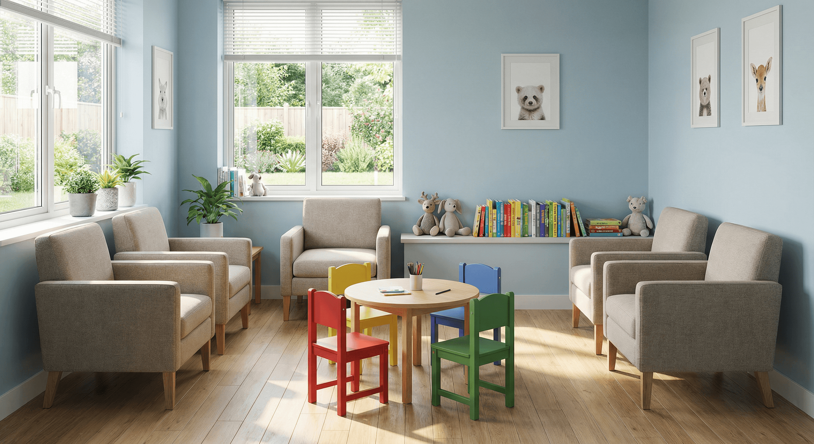 Pediatric waiting room with blue walls