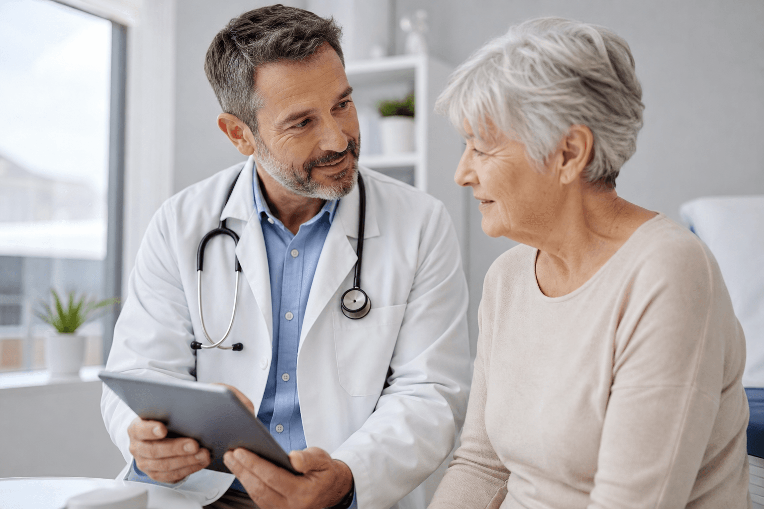 Male physician reviewing health information on a tablet with a woman in her 70s during a Medicare primary care visit