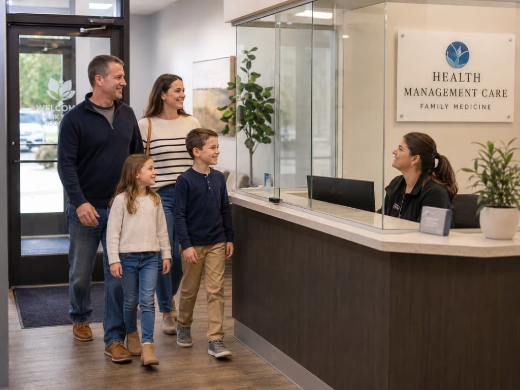 Family arriving at the Health Management Care reception desk and being greeted by staff