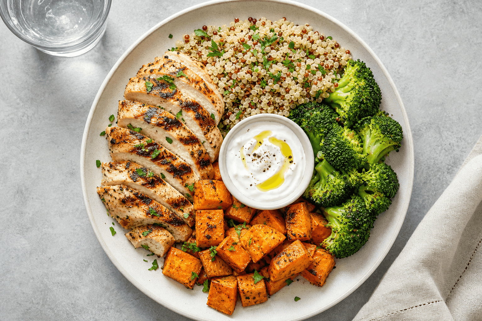 Balanced plate with grilled chicken, quinoa, sweet potato, broccoli, and yogurt dip