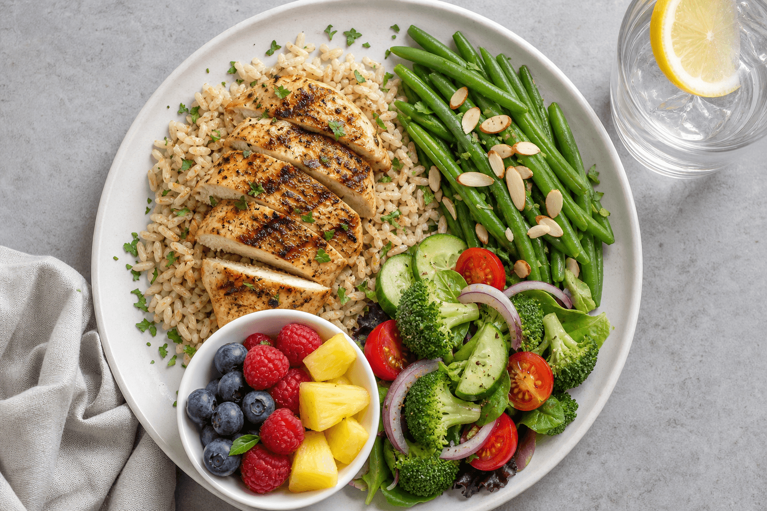 Grilled chicken with brown rice, green beans, salad, and fresh fruit