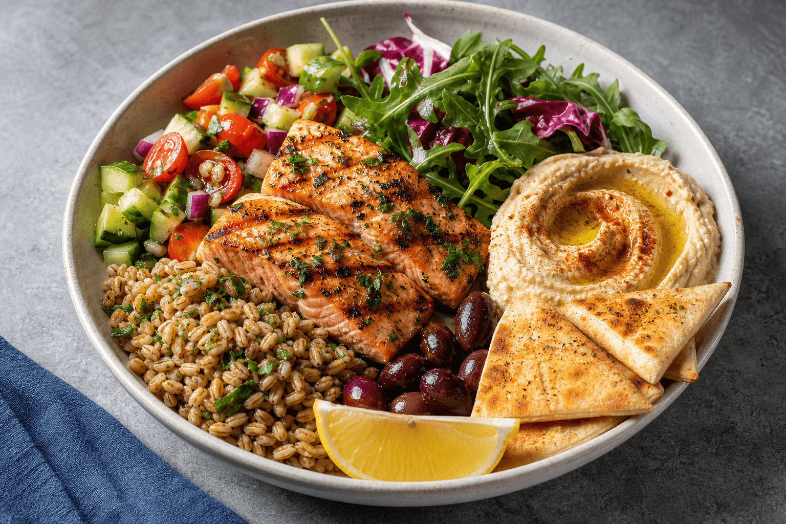 Mediterranean-style bowl with salmon, whole grains, vegetables, and hummus