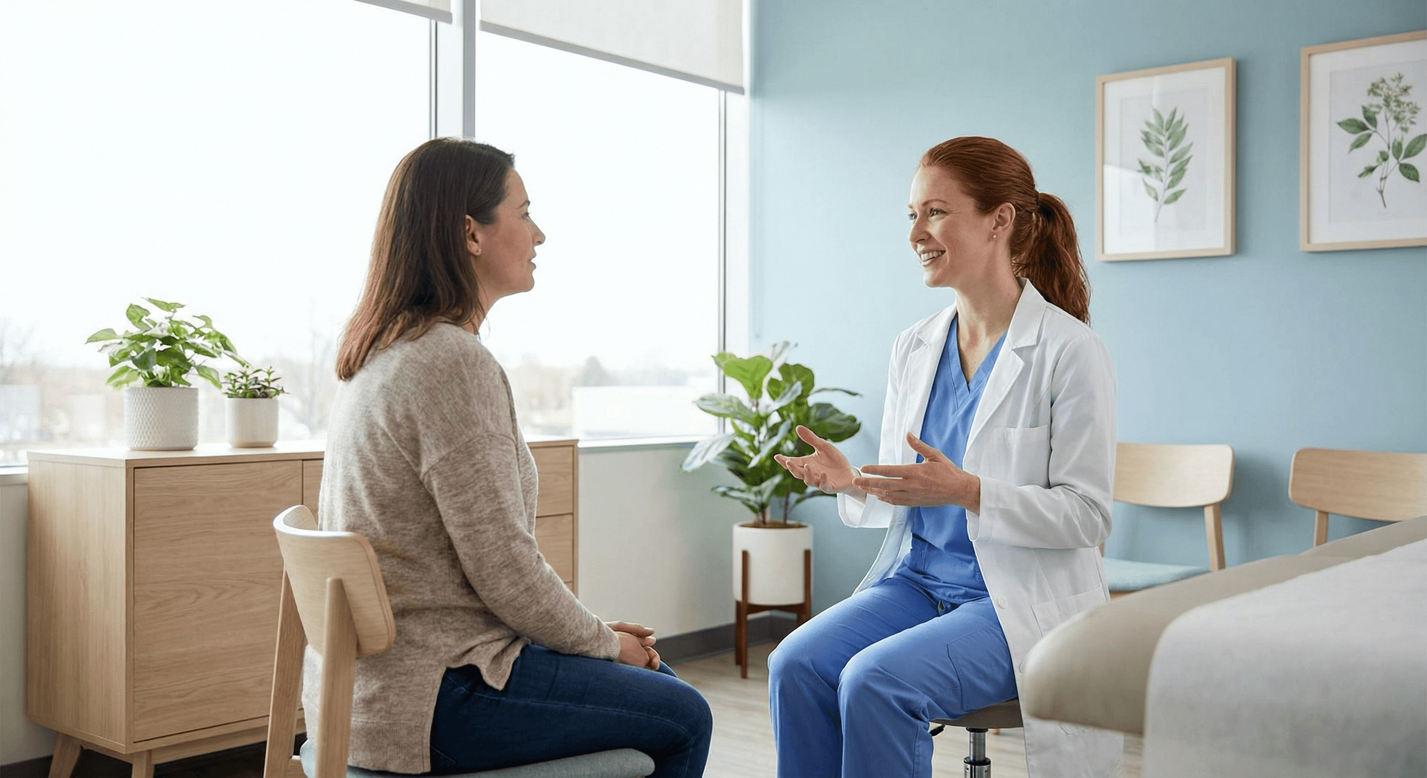 Female provider talking with patient during a women’s health visit.
